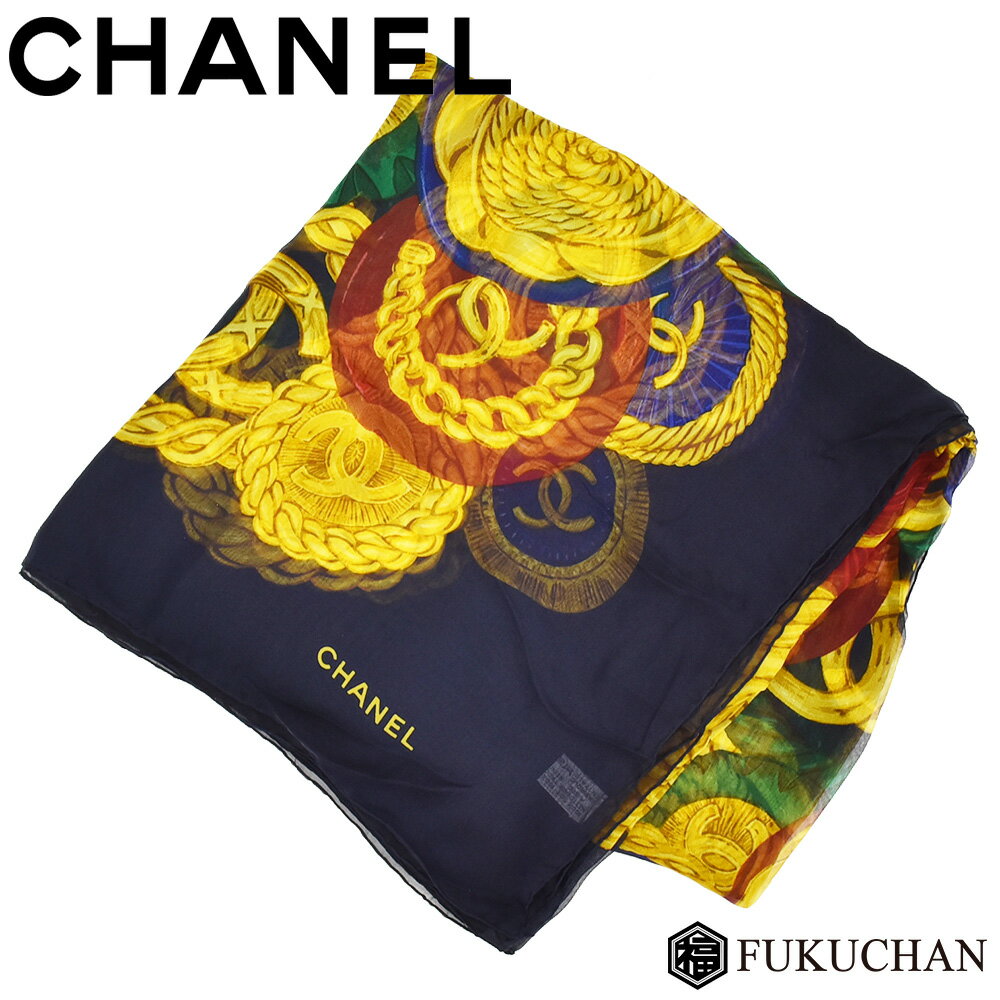 ◆ 15800 円 → 13800 円 ◆【CHANEL/シャネル】ココマーク チェーン柄 シースルー スカーフ/ストール　ネイビー×ゴールド×グリーン×レッド　シルク100％　【中古】