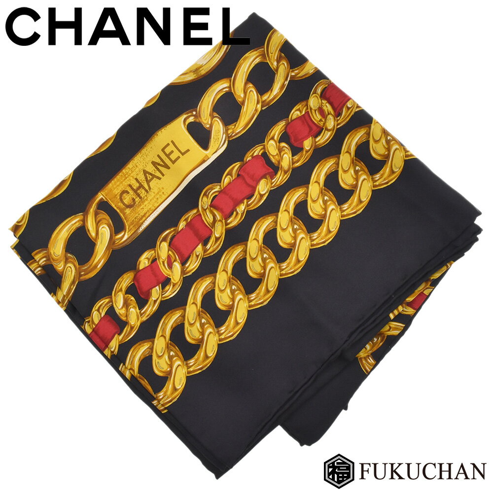 【CHANEL/シャネル】ココマーク チェーン柄 スカーフ/ストール　ブラック×ゴールド×レッド　シルク100％　【中古】のサムネイル