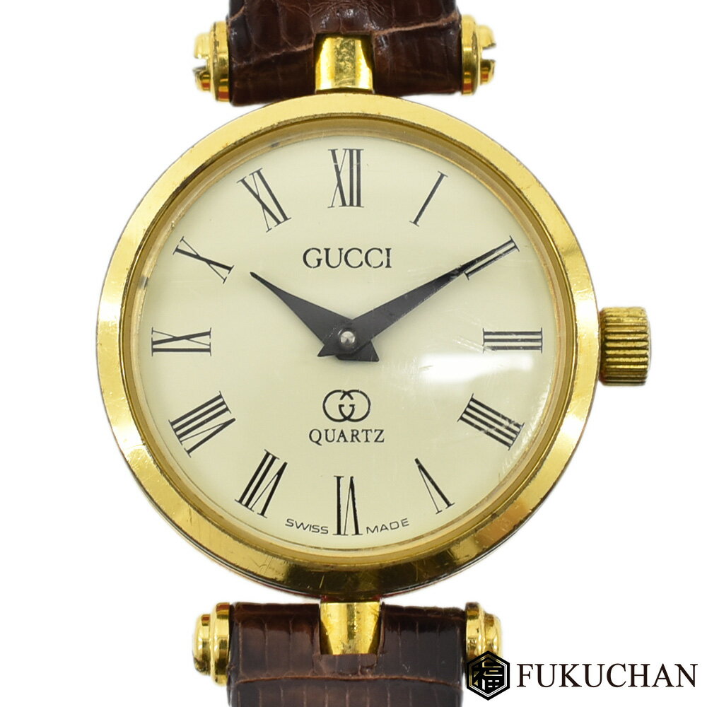 ◆16800円 → 13800円◆ GUCCI グッチ ヴィンテージ ラウンド ウォッチ　レディース 腕時計 グリーン×レッド×ゴールド　アイボリー文字盤 レザーベルト GQ2000/QZ 【中古】