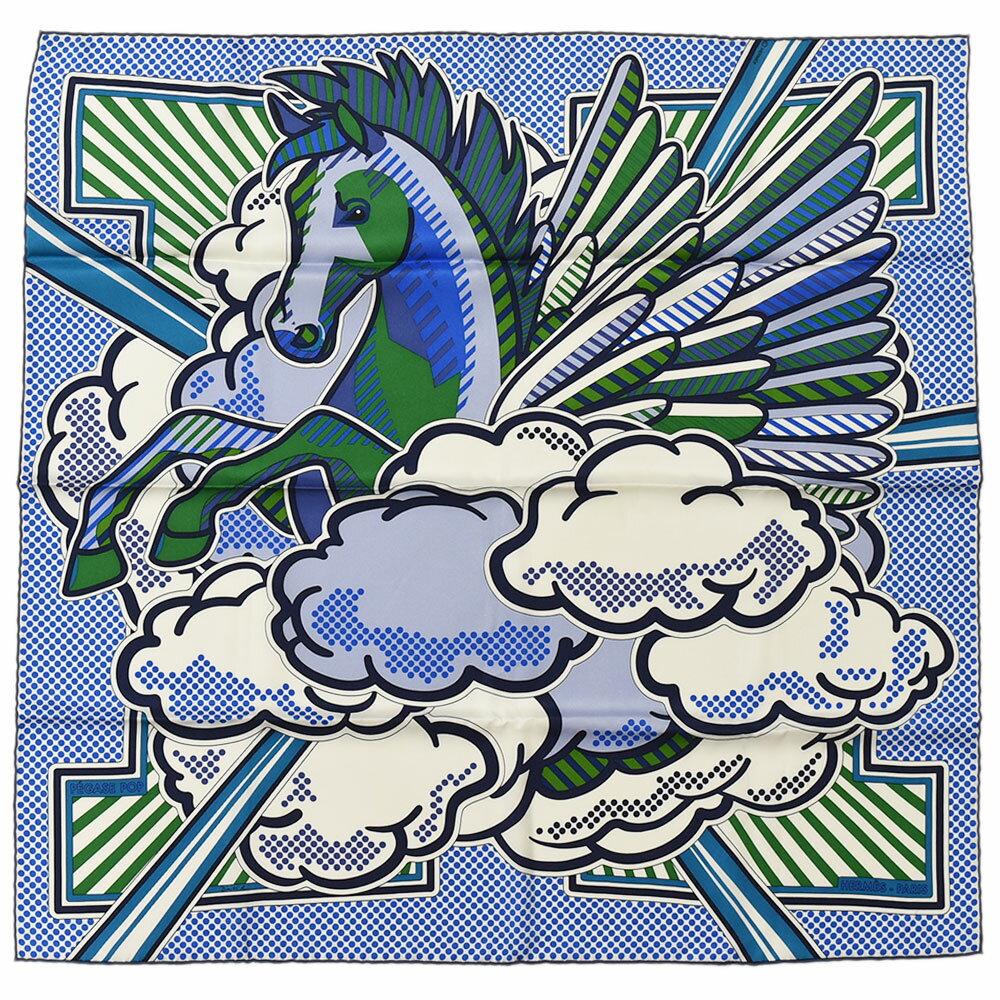 HERMES エルメス カレ70 PEGASE POP ペガサスポップ スカーフ シルク100％ ブルー×ホワイト×グリーン レディース【中古】【送料無料】のサムネイル