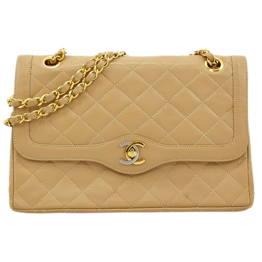 CHANEL シャネル ショルダーバッグ パリ限定 ラムスキン マトラッセ Wフラップ Wチェーン ラムスキン ベージュ×ゴールド金具 レディース【中古】【送料無料】のサムネイル