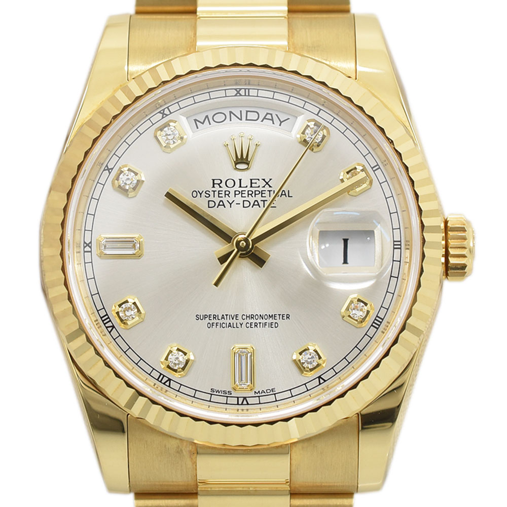 ROLEX ロレックス デイデイト 10Pダイヤ シルバー文字盤 メンズウォッチ ルーレット刻印 金無垢 バケットダイヤ 自動巻き 118238A K18YG イエローゴールド メンズ【中古】【送料無料】