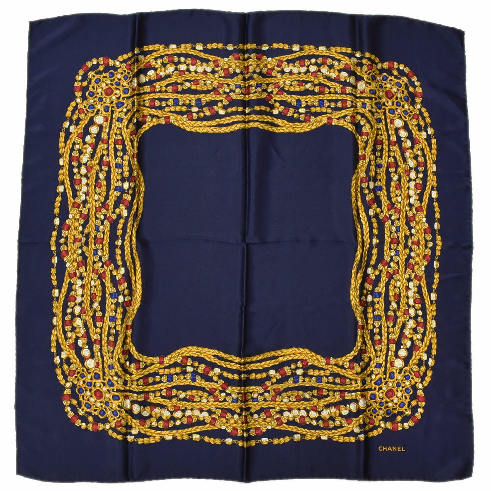 CHANEL シャネル 宝石柄 スカーフ ヴィンテージ シルク ネイビー×ゴールド レディース【中古】【送料無料】のサムネイル