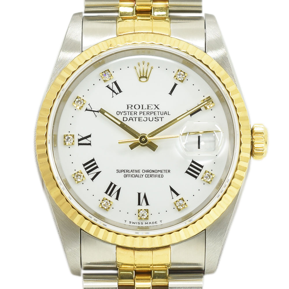 ROLEX ロレックス オイスターパーペチュアル デイトジャスト 10Pダイヤ メンズウォッチ ホワイトローマン文字盤 16233G K18YG/SS【中古】【送料無料】