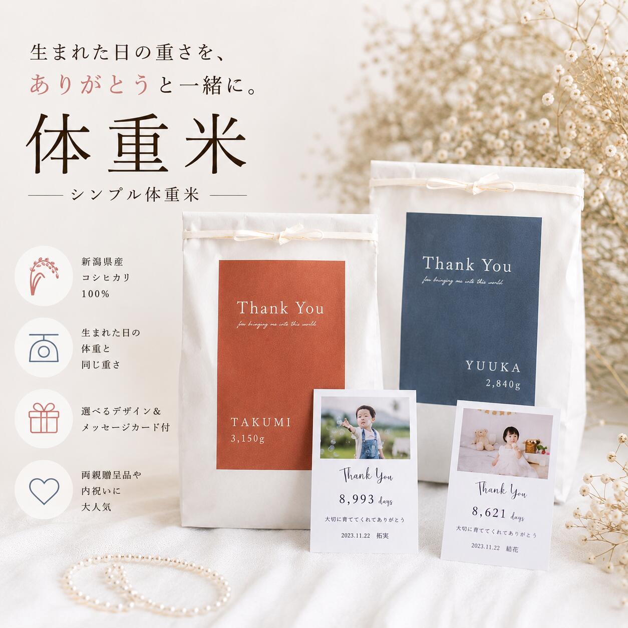 体重米 2個セット 結婚式 両親プレゼント 両親贈呈品 名入れ 写真 ウェイトライス 出生体重米 新潟コシヒカリ 送料無料