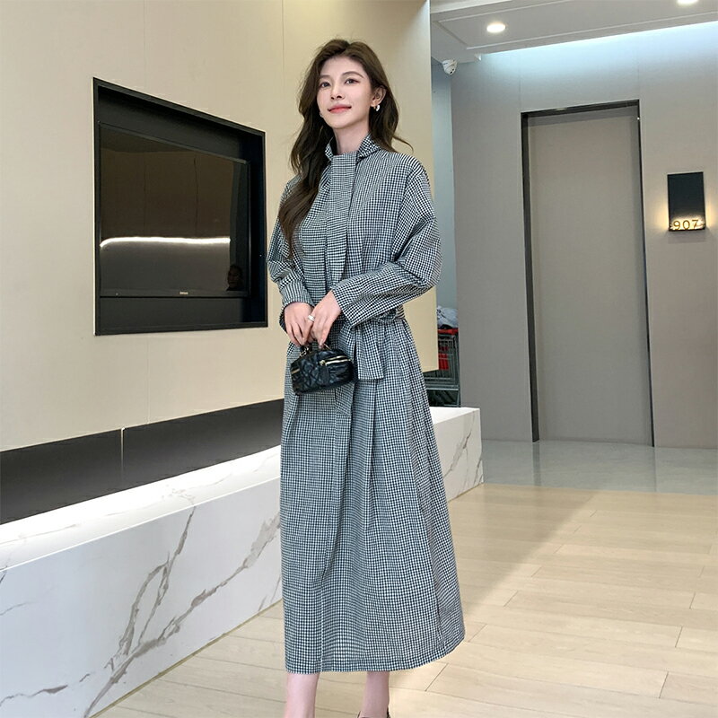 【10%OFFクーポン】レディース 千鳥柄ドレス ドッキングワンピース ニットワンピース ロング丈 ハイネック 長袖 カラーマッチング ハイウエスト ストライプ チェック柄 お洒落 カジュアル ゆったり 可愛い 大人 通勤 前開き カジュアル シンプル 体型カバー ゆったり 春秋冬