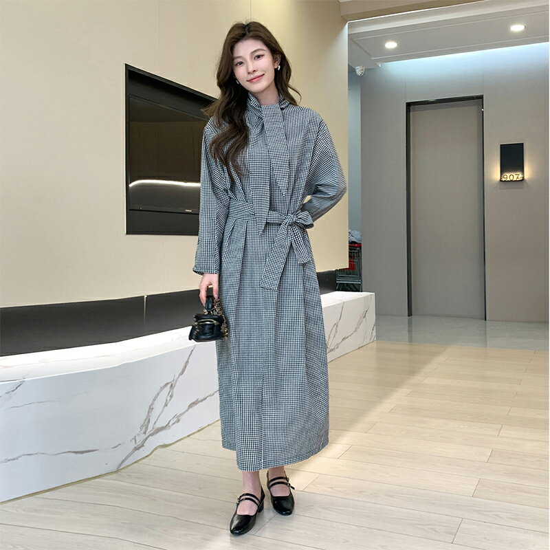 【10%OFFクーポン】レディース 千鳥柄ドレス ドッキングワンピース ニットワンピース ロング丈 ハイネック 長袖 カラーマッチング ハイウエスト ストライプ チェック柄 お洒落 カジュアル ゆったり 可愛い 大人 通勤 前開き カジュアル シンプル 体型カバー ゆったり 春秋冬