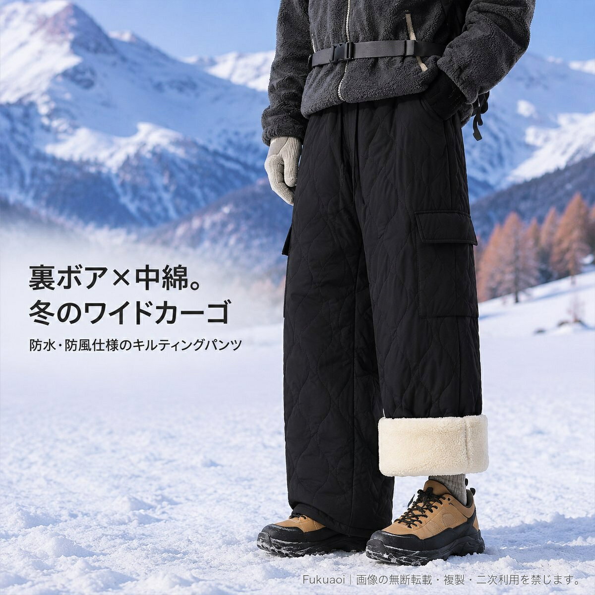 アウトドア 防水 防風パンツ 裏ボア中綿 キルティングカーゴパンツ 冬用 メンズ レディース ワイドストレート ウエストゴム 裾ドローコード 雪遊び キャンプ