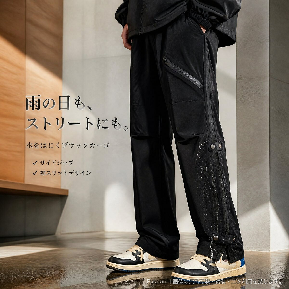防水カーゴパンツ メンズ ロングパンツ ストレート 黒 サイドジップ 裾スリット ボタンデザイン ウエストゴム アウトドア 春秋 S~3XL