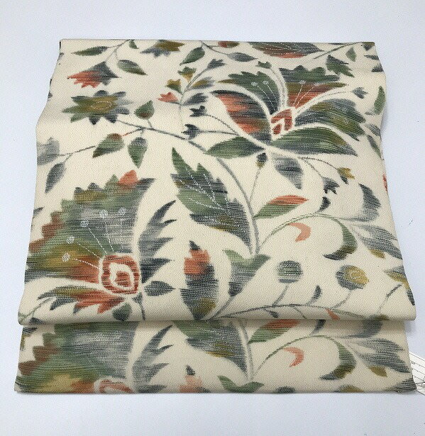 【中古】名古屋帯 正絹 白地に唐花模様