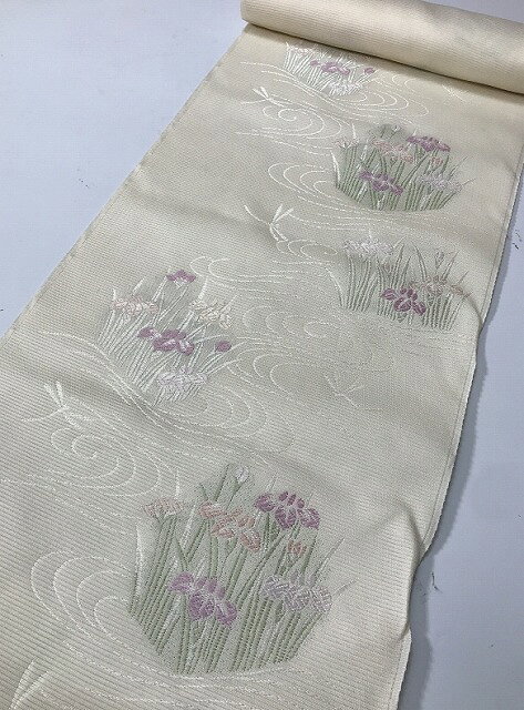 乐天商城 - 【中古】反物 交織 白地に草花模文様 夏九寸名古屋帯帯地