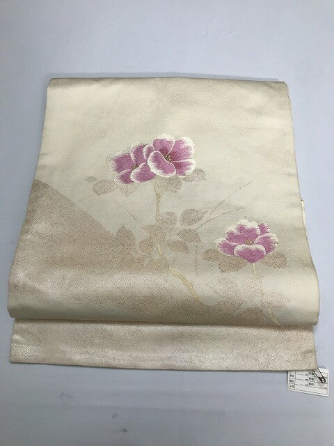 【中古】名古屋帯 正絹 白地に枝花文様
