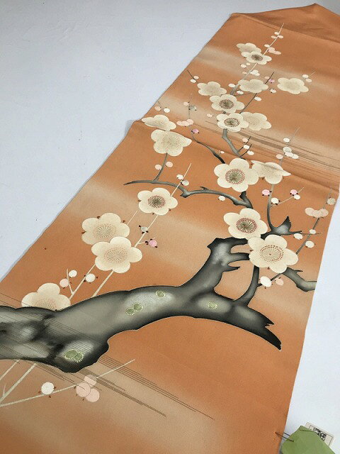【中古】 名古屋帯 正絹 アンティーク 萱草色地に梅模様 九寸 お太鼓柄 最強配送 シーズン春