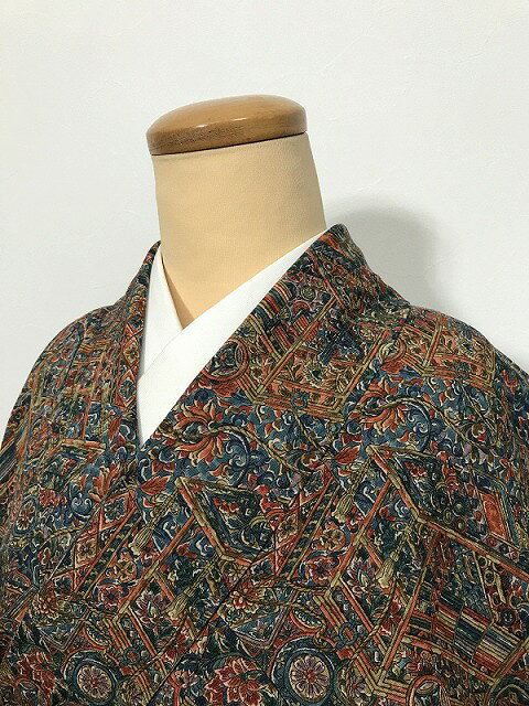 乐天商城 - 【中古】 Sサイズ 小紋 正絹 濃紺地に唐花模様 袷着物 最強配送 シーズン春