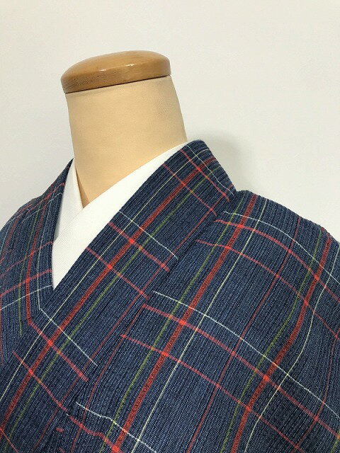 乐天商城 - 【中古】Sサイズ 紬 綿 濃紺地に格子文様 夏着物