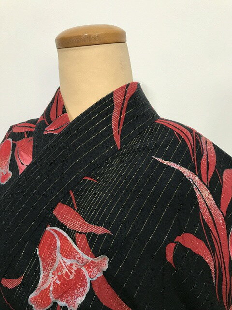 乐天商城 - 【中古】Sサイズ 浴衣 綿 黒地にチューリップ模様
