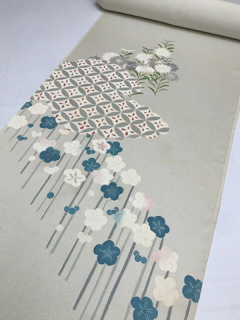 Obi - 【中古】反物 正絹 薄グレー地に枝花模様 付け下げ着尺