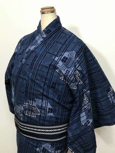 Full-Length Under-Kimono - 【中古】Mサイズ 浴衣 男物 綿 濃紺地に松皮菱模様