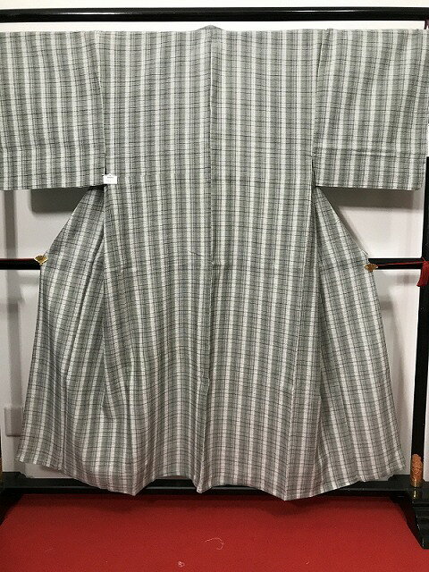 新品 2Lサイズ 浴衣 男物 綿 薄グリーン地に縞格子文様