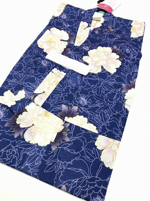 新品 子供用 浴衣 綿 青地に牡丹模様 110サイズ 女児用 最強配送