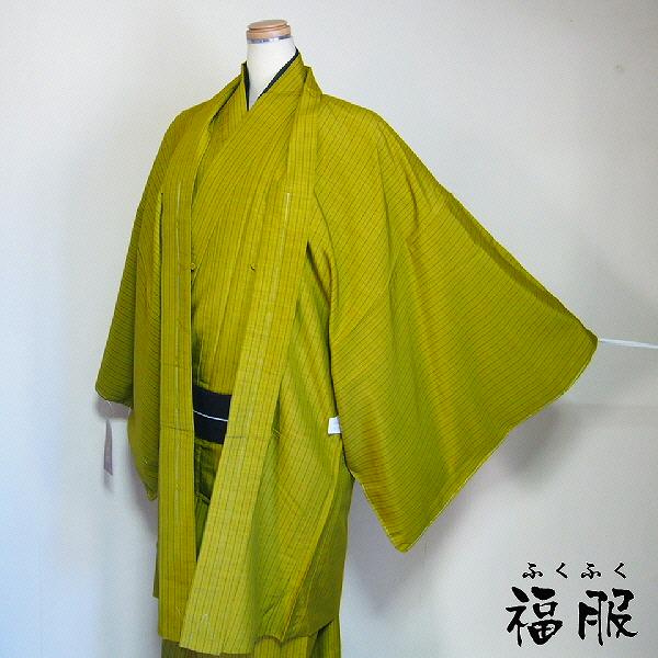 新品 羽織 男物 化繊 芥子色地に縞文様 長羽織 Mサイズ あす楽 和装 メンズ 男性用 裄70.5cm 洗える着物 おすすめ 裄長 メンズ羽織 メンズはおり 男物羽織 ハオリ 茶道 落語 送料無料 シーズン春