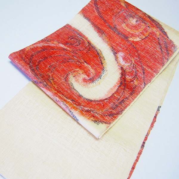 最大35％OFFクーポン/【中古】しゃれ袋帯 麻 夏帯 生成り地に渦巻文様 お太鼓柄 洒落袋帯