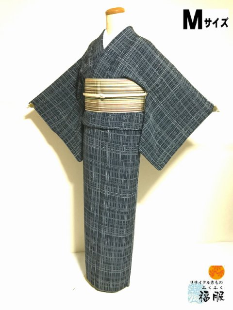25%OFFクーポン配布中/【中古】小紋 正絹 グレー地に格子模様 袷着物 裄63 Mサイズ リサイクル あす楽 シーズン冬