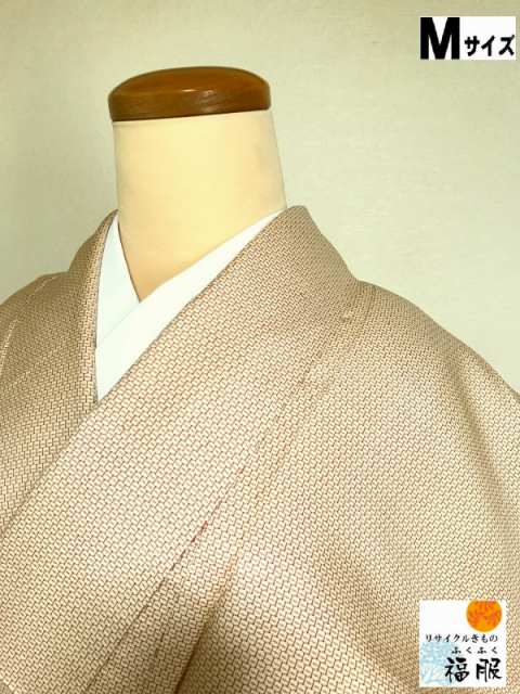 【中古】紬 正絹 生成り地に格子文様 袷着物 裄63 Mサイズ リサイクル あす楽 シーズン春