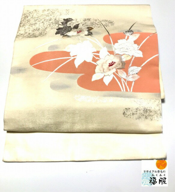 お買い物マラソンお得クーポン対象/【中古】名古屋帯 正絹 白地に牡丹模様 お太鼓柄 九寸 最強配送