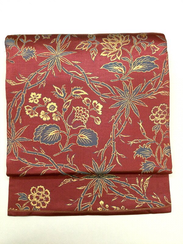 バラエティークーポン発行中/【中古】アンティーク名古屋帯 正絹 ピンク地に草花模様 六通柄 九寸名古屋帯(4)