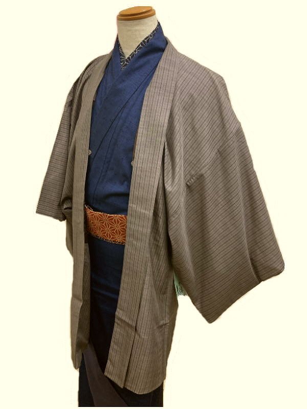 週末限定25%OFFCOUPON発行中/新品 羽織 男物 裄77 灰紫色地に縞模様 3Lサイズ 洗える羽織 ポリエステル 着物羽織り メンズ 和装コート 着物用...