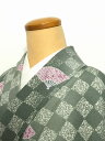 GWセール20%OFFクーポン/【中古】Sサイズ 化繊 小紋 グレー格子地に扇模様