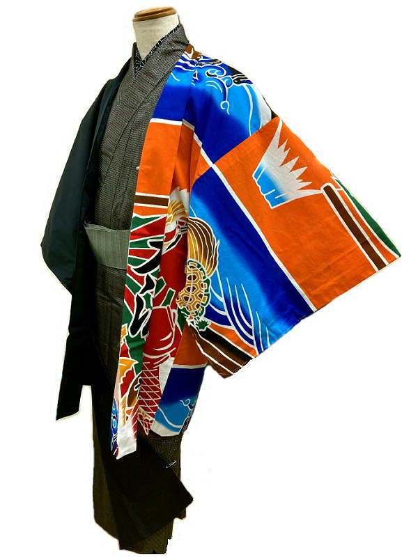 新品 裄77.5 男物 羽織 綿 片身変わり 紺×大漁旗模様 単衣 3Lサイズ 福服特製 あす楽
