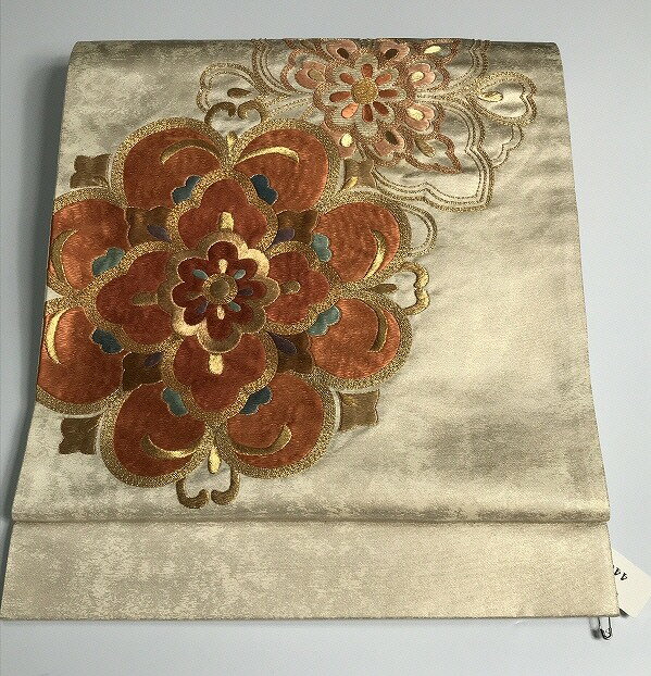 バラエティークーポン発行中/【中古】袋帯 正絹 シルバー地に華紋文様 刺繍 お太鼓柄 最強配送