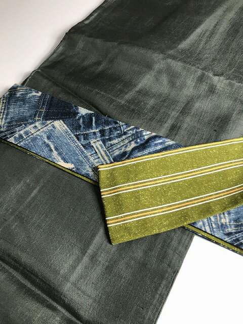 新品 角帯 男物 綿 カジュアル デニム柄 抹茶緑のストライプ リバーシブル 福服特製 最強配送 角 帯 各帯 男性用 メンズ 男性 着物 袴 和装 和服 きもの 袴帯 着物帯 男帯 おしゃれ オシャレ 柄 メンズ着物