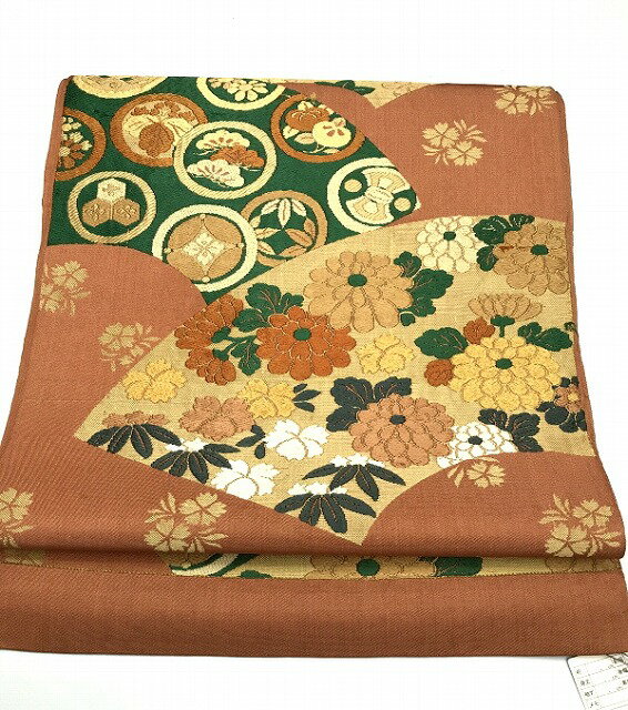 【中古】名古屋帯 正絹 アンティーク お太鼓柄 萱草色地に地紙文様 京袋