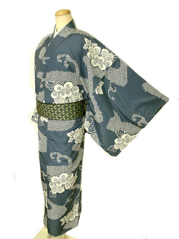 GWセール20%OFFクーポン/新品 小紋 男物 化繊 青鈍色地に牡丹文様 紬 袷着物 Lサイズ 裄75 洗える着物 幅広め あす楽