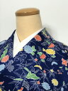 GWセール20%OFFクーポン/【中古】Lサイズ 化繊 小紋 濃紺地に草花模様