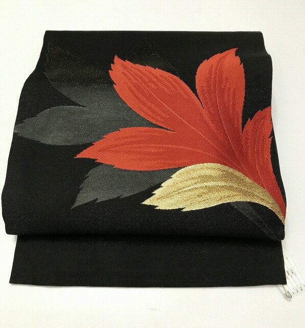 週末限定25％OFFCOUPON発行中/【中古】名古屋帯 交織 黒地に枝葉文様 九寸 お太鼓柄