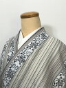 GWセール20%OFFクーポン/【中古】Lサイズ 化繊 小紋 薄グレー地に小紋縞模様