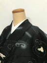GWセール20%OFFクーポン/【中古】 Mサイズ 化繊 小紋 黒地に菊花模様 袷着物 洗える着物 楽