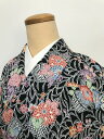 GWセール20%OFFクーポン/【中古】 Sサイズ 化繊 小紋 黒地に花籠模様 袷着物 洗える着物 身丈長め あす楽