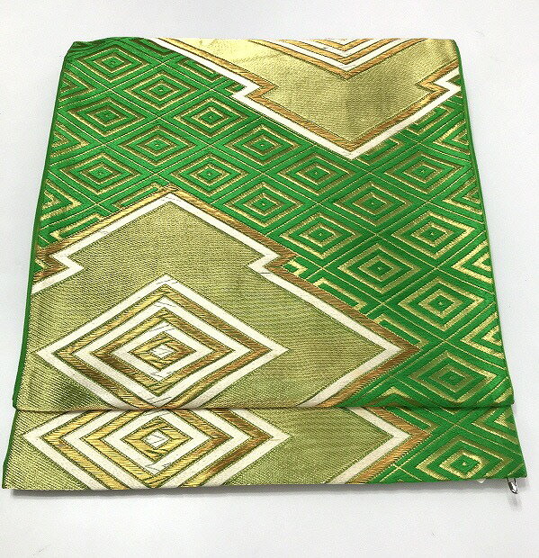 【中古】 袋帯 正絹 グリーン地に松皮菱文様 六通柄