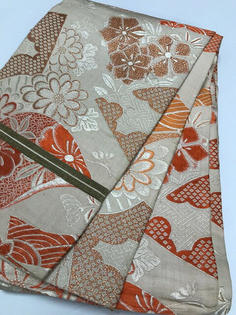 【中古】七五三 正絹 ベージュ地に帯文様 祝い帯 アンティーク