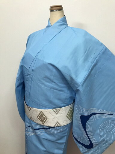 バラエティークーポン発行中/【中古】2Lサイズ 男物 化繊 水色地に流水模様 夏着物 シーズン夏 バラエティークーポン発行中/【中古】2Lサイズ 男物 化繊 水色地に流水模様 夏着物 シーズン夏