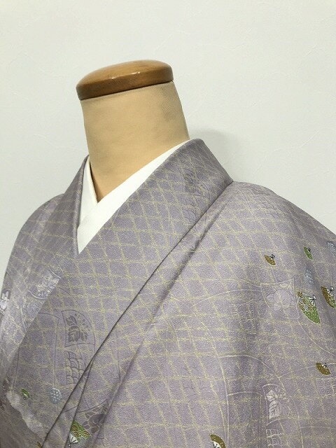 【中古】Mサイズ 化繊 小紋 薄紫地に扇模様 あす楽