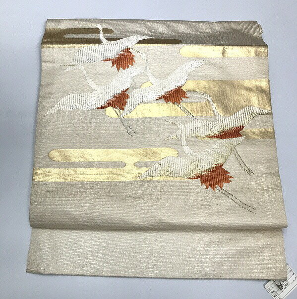 週末限定25％OFFCOUPON発行中/【中古】名古屋帯 正絹 白地に飛鶴文様 お太鼓柄 九寸