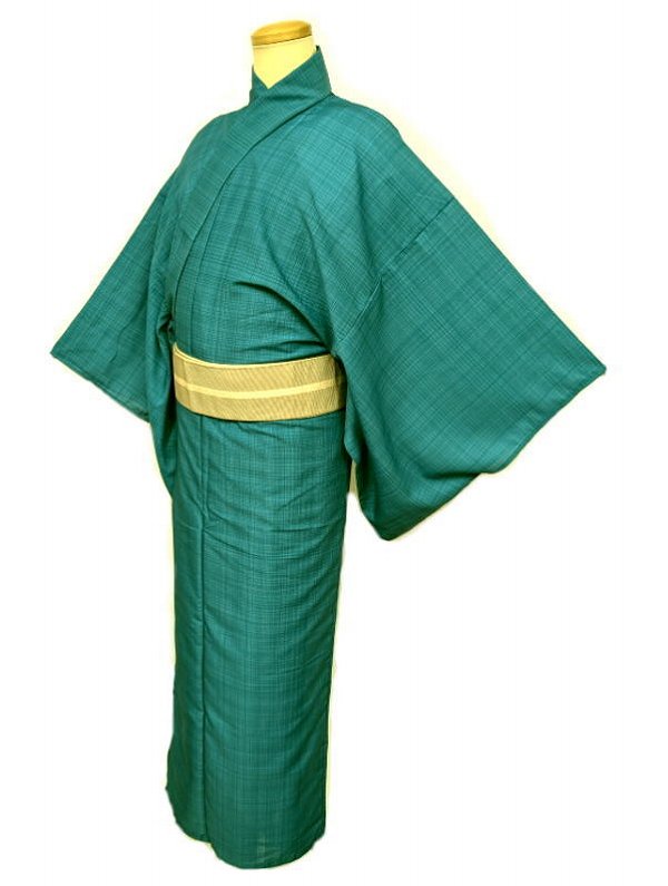 新品 浴衣 男物 化繊 青緑色地に格子模様 裄70 Mサイズ 吸湿速乾 防シワ ポリエステルゆかた シーズン夏 あす楽