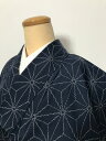 【中古】Mサイズ 紬 化繊 濃紺地に麻の葉模様