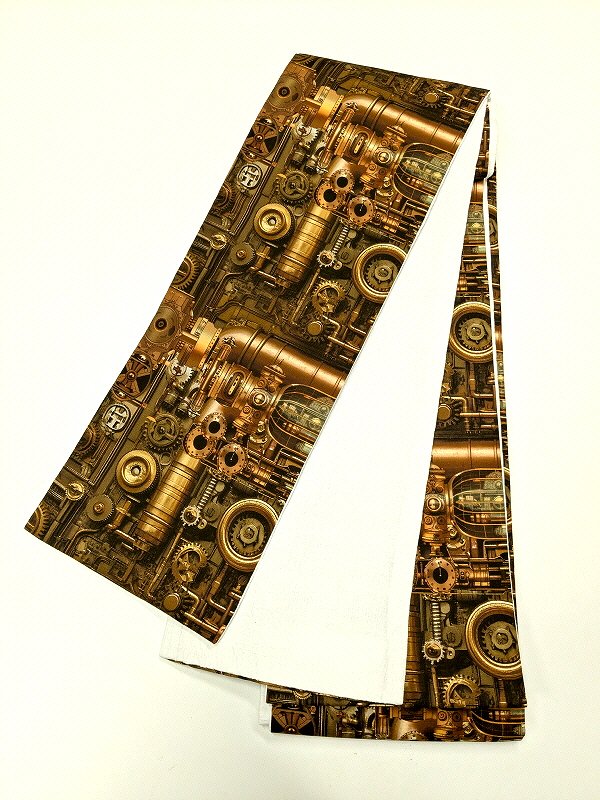 新品 半幅帯 綿 茶色地にスチームパンク リバーシブル 福服特製 モダン 和柄 浴衣帯 最強配送